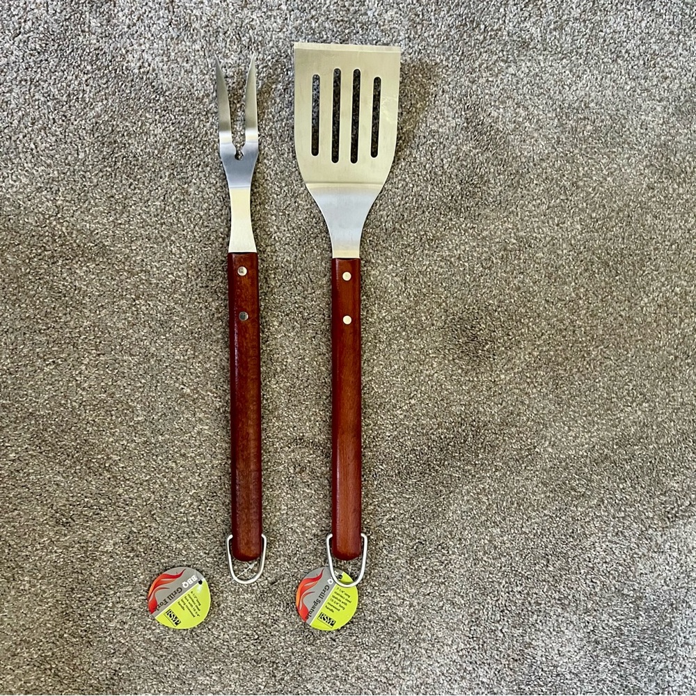 NWT - Wood Handle BBQ Fork and Spatula Set